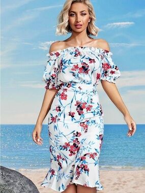 Marciano Off-Shoulder White Floral Midi Dress - Elegant Summer Style